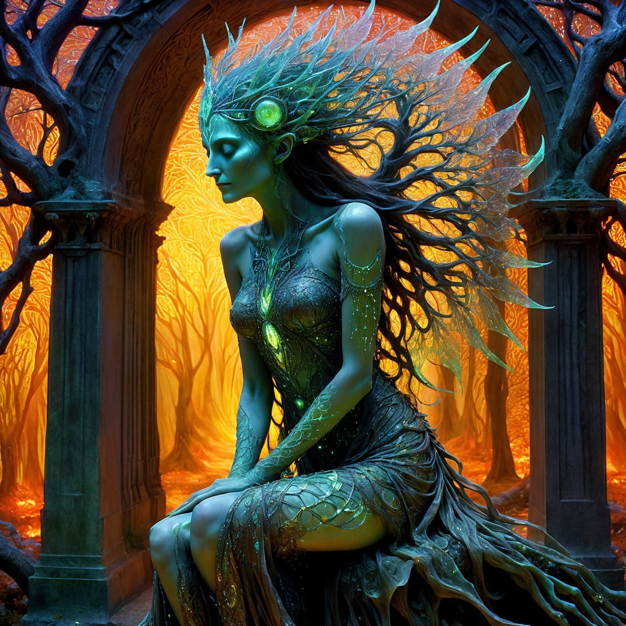 side view of a magnificent mature dryad sitting in an immaculate cemetery, incandescent angelic statues, swords of light, very detailed, intricate, warm colour palette, dw01-3400