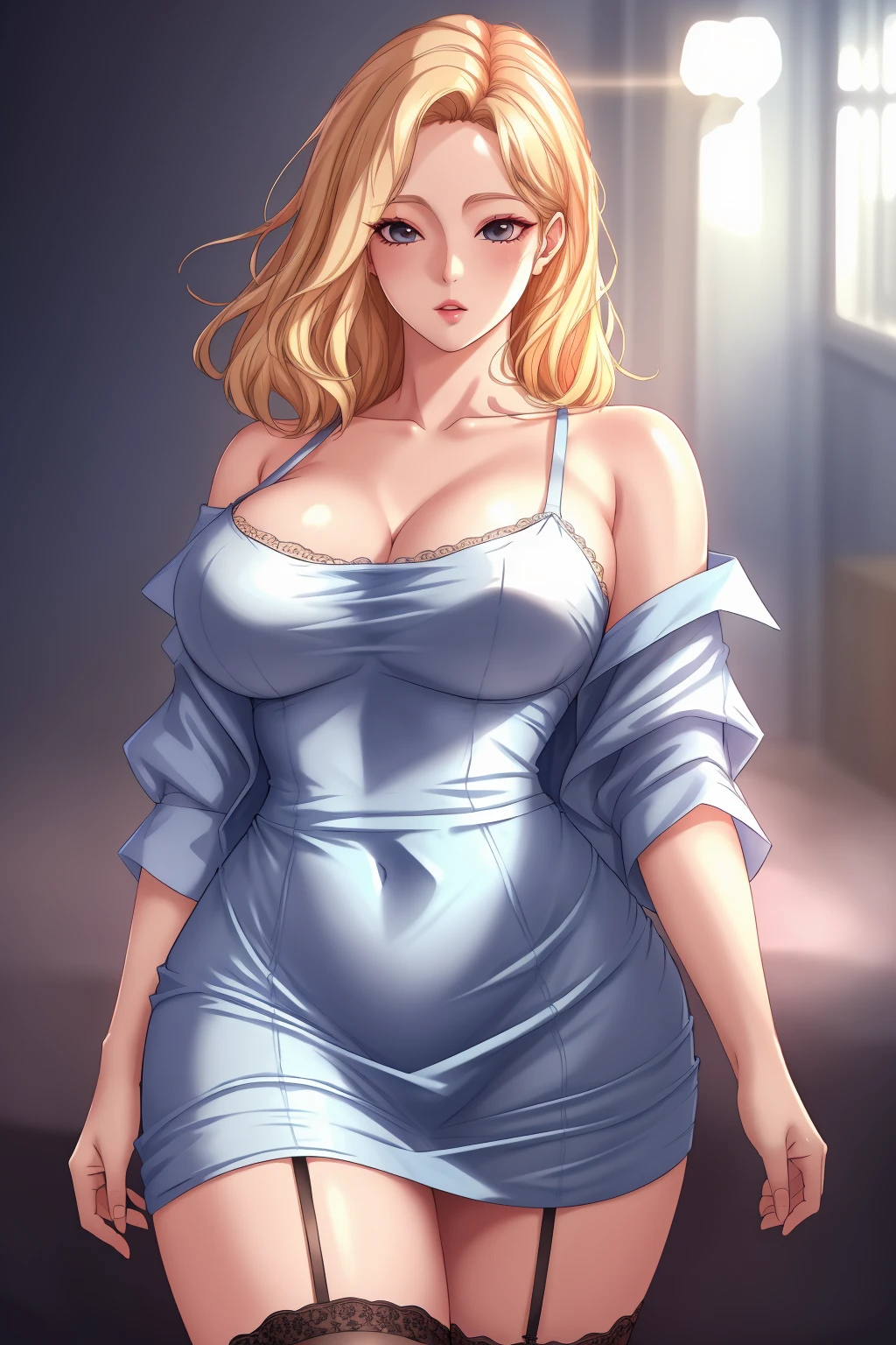 ((best quality)), absurdres, ((ultra high res)), jung-suh, a woman in a blue short dress and thighhighs, breasts, blonde hair, extremely detailed, realistic, 8k, masterpiece, <lora:jungsuh:0.8>