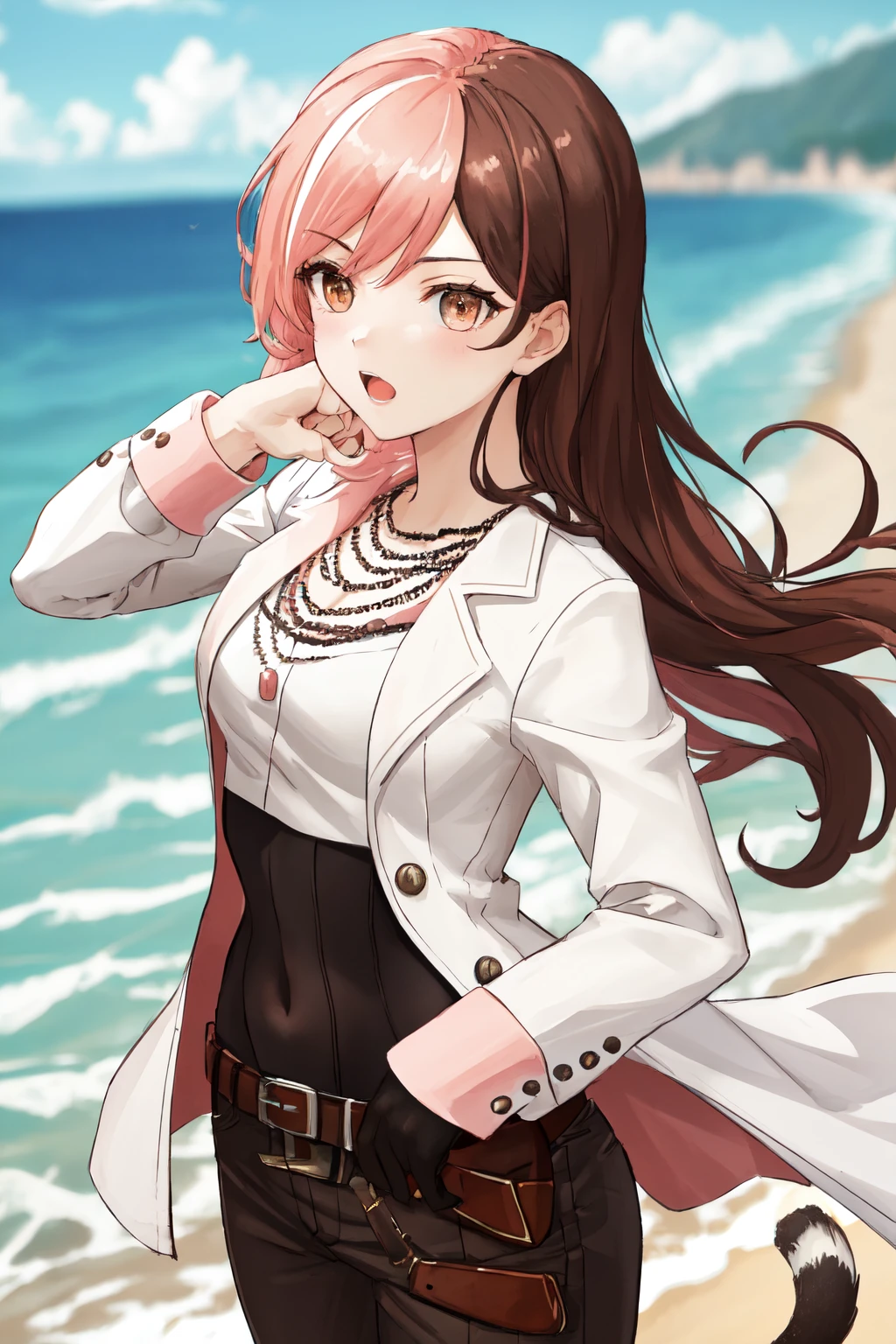 masterpiece, (detailed, highres, best quality), 1girl,  <lora:sprwbyNeopolitan-27:1> neopolitandef, necklace, white jacket, leotard, black gloves, black pants, belt, blurry, blurry background, day, depth of field, horizon, ocean, outdoors, year of the tiger, closed mouth, pointing, solo, standing