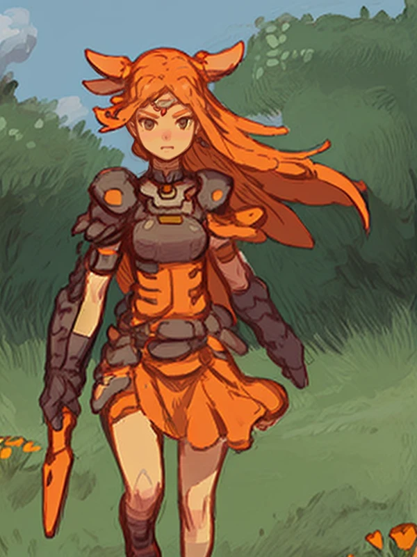 1girl,action, holding sword, weapon,armlet, walking, solo,dress ,orange hair,long hair, grass, outdoors, flower,