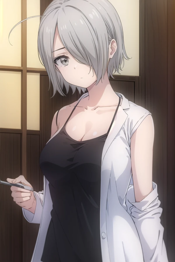 chizurutachibana, <lora:chizuru tachibana s1-lora-nochekaiser:1>,
chizuru tachibana, short hair, ahoge, grey hair, (hair over one eye:1.5), (grey eyes:1.5),
BREAK lab coat, (white lab coat:1.5), camisole, (black camisole:1.5), collarbone, cleavage, shorts,
BREAK indoors, classroom,
BREAK looking at viewer, (cowboy shot:1.5),
BREAK <lyco:GoodHands-beta2:1>, (masterpiece:1.2), best quality, high resolution, unity 8k wallpaper, (illustration:0.8), (beautiful detailed eyes:1.6), extremely detailed face, perfect lighting, extremely detailed CG, (perfect hands, perfect anatomy),