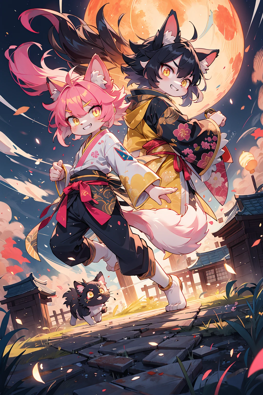 (best fluffy hands:0.7),from side below,full body,China,(wide Shot:1.4),best quality,(official art,fish eye lens,masterpiece,ultra detailed 8k art,back light,anthro),anthro cat, 1 anthro Black very short hair male and 1 anthro white low long pony tail male attack,(pink eyes, yellow eyes:1.5), kung fu clothes,thin tail,flat chest BREAK
(stare at each other, red inner hair, evil grin),Stone Lantern, red moon,(sword battle,outdoor, milky way, midnight,jump, action) ,gust of wind, an andon,(old dilapidated building),decisive battle,vengeance,In the courtyard, in the middle ground,Grab the Japanese Sword