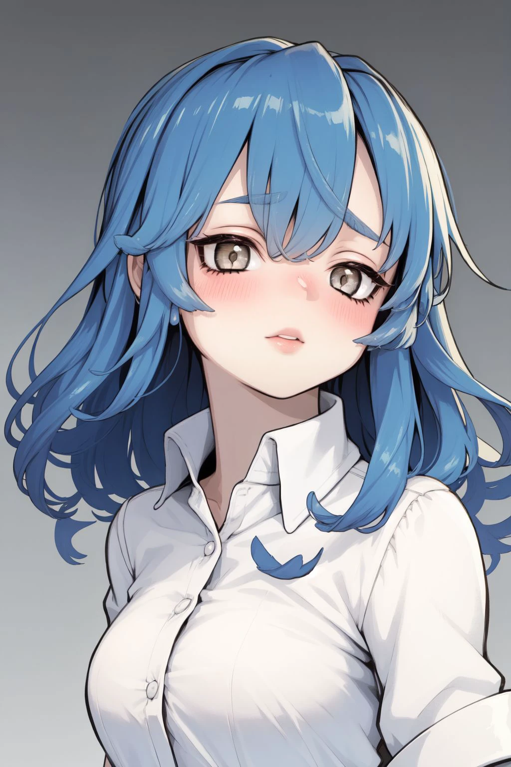an animated artwork of a female character who is large breasted with a neck tie and high collar, 1girl, solo, breasts, necktie, hair bun, double bun, shirt, simple background, white background, blue necktie, blue eyes, jacket, looking at viewer, white shirt, hair ornament, blue hair, collared shirt