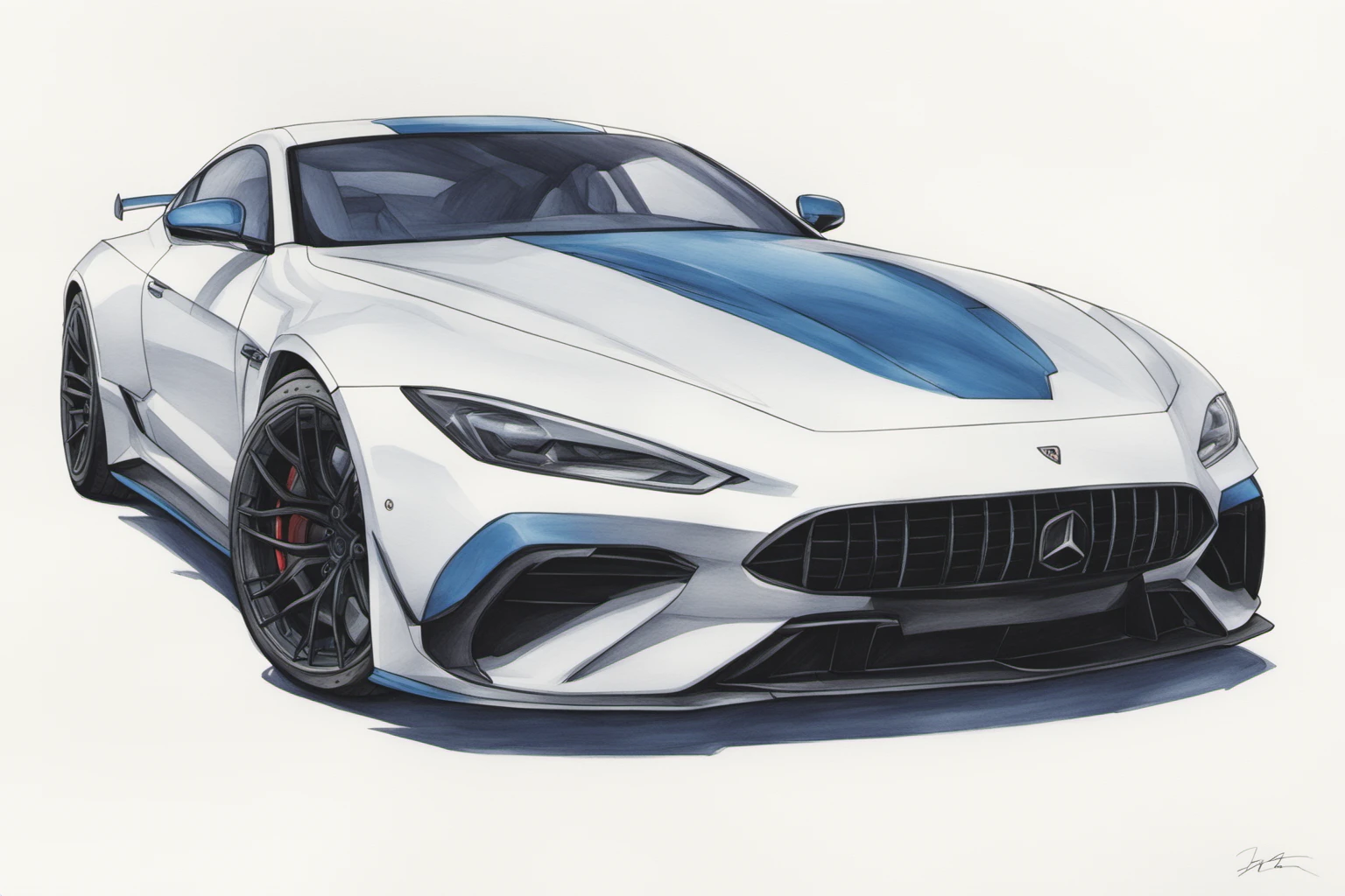 colored marker rendering of a sports car, concept art, sporty, fast, high performance, ((symmetric-design)), crisp lines, sketch, illustration, illustrative, marker drawing, expressive strokes, graphic, sharp, crisp, in-focus, uncropped, high-quality <lora:MercedesAGTGTCoupe:1>