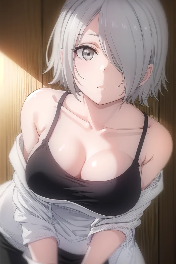 chizurutachibana, <lora:chizuru tachibana s1-lora-nochekaiser:1>,
chizuru tachibana, short hair, ahoge, grey hair, (hair over one eye:1.5), (grey eyes:1.5),
BREAK lab coat, (white lab coat:1.5), camisole, (black camisole:1.5), collarbone, cleavage, shorts,
BREAK indoors, classroom,
BREAK looking at viewer, (cowboy shot:1.5),
BREAK <lyco:GoodHands-beta2:1>, (masterpiece:1.2), best quality, high resolution, unity 8k wallpaper, (illustration:0.8), (beautiful detailed eyes:1.6), extremely detailed face, perfect lighting, extremely detailed CG, (perfect hands, perfect anatomy),