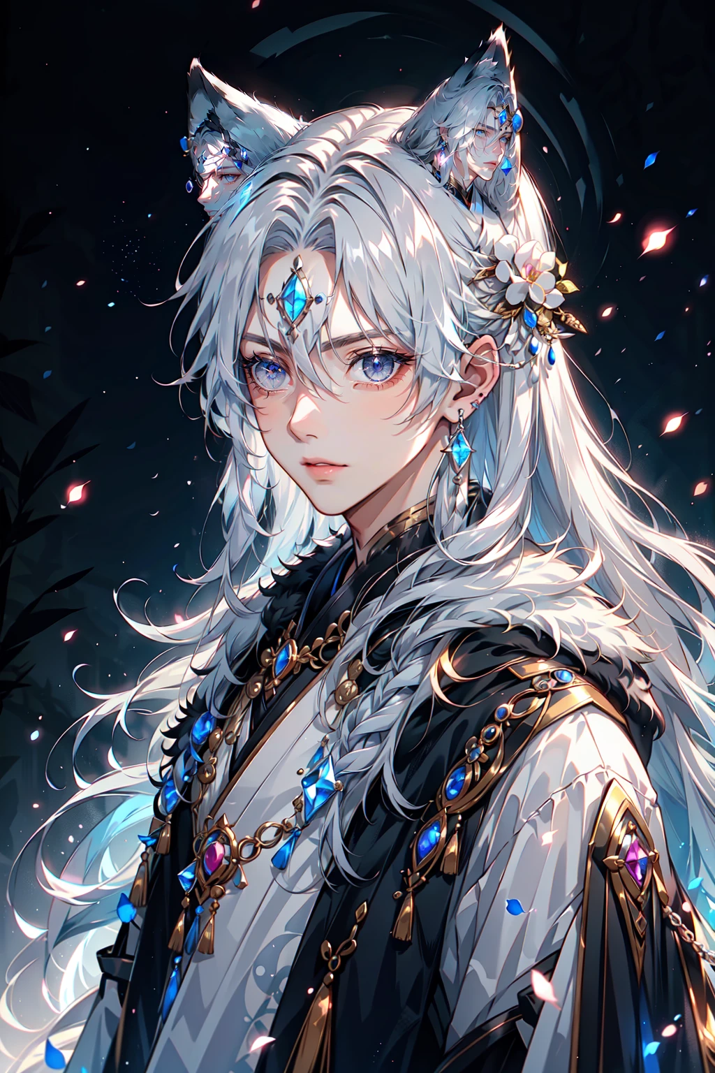 Kitsune_Yokai, Kitsune, solo, long hair, looking at viewer, 1boy, fox ears, animal ears, jewelry, closed mouth, upper body, braid, white hair, male focus, earrings, lips, animal ear fluff, grey eyes, fur trim, black background, gem, circlet, fur, leopard ears, LUT like A movie, realistic, <lora:YokaiKitsune:0.8>