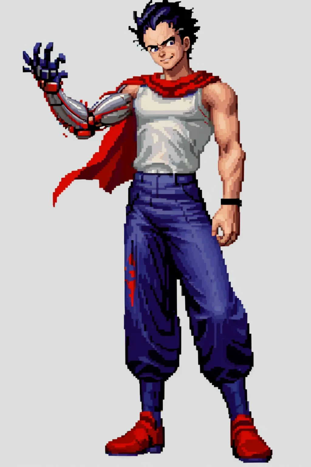 masterpiece, best quality, solo, smile, 1boy, looking at viewer, <lora:SNK-Kof_sprites_Fp:0.8>, simple background, full body, <lora:akira_shima-10:0.8>, shima tetsuo, tank top, red cape, blue pants, mechanical arm, standing,