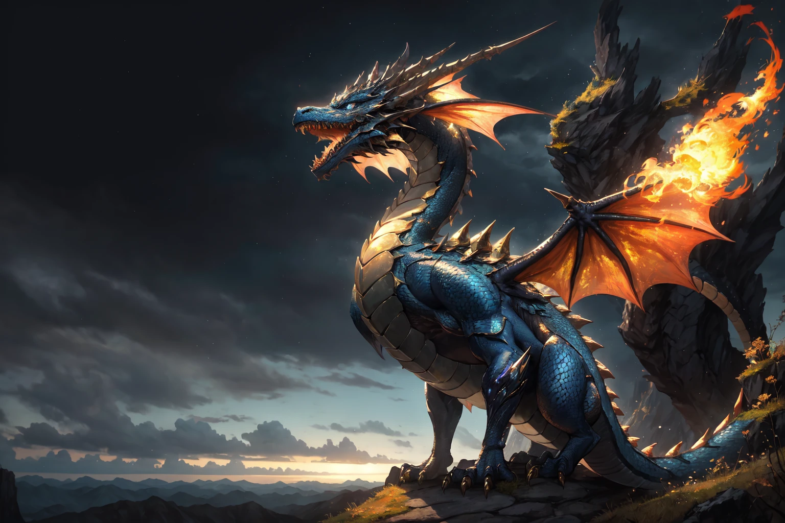 <lora:Dragons:0.5> Western Fantasy Dragon, breathing fire,  No humans, blue, black scales, glistening scales, perched on a hilltop,