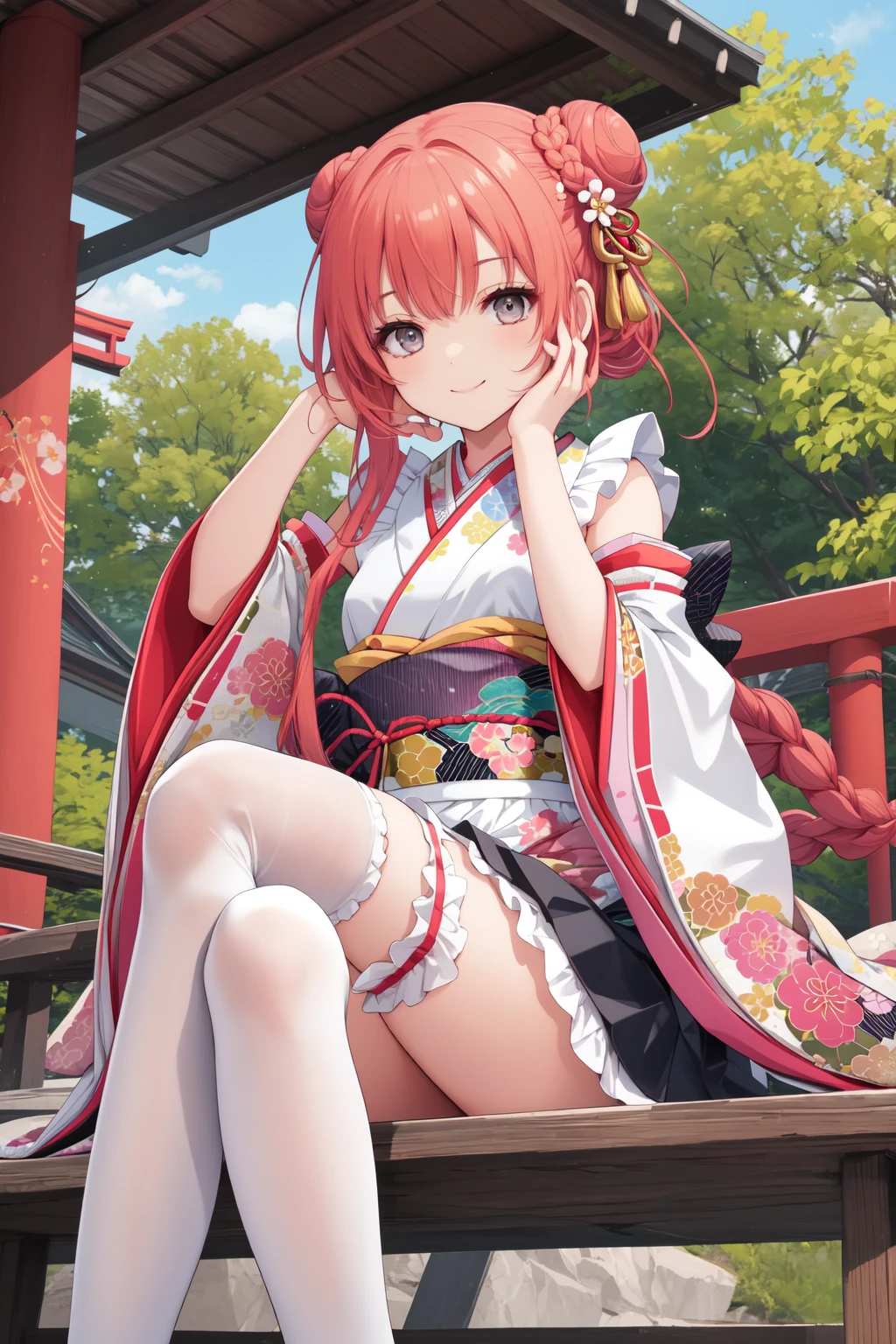 Garota de anime, cabelo rosa, chifres vermelhos, kimono branco com flores vermelhas, sweaty feet raised on a table, holds a geta in your hand, olhar provocante