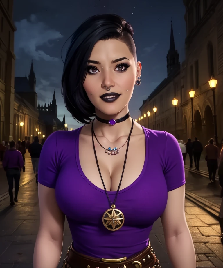 nico,piercing,nose piercing,black hair,hair to side,black lips,short short hair,piercing,brown eyes,
earrings,necklace,cropped leather jacket,purple shirt,belt,choker,cleavage,smile,
standing,upper body,
night,outside,cathedral,
(insanely detailed, beautiful detailed face,beautiful detailed eyes, masterpiece, best quality),solo,<lora:nico:0.7>,