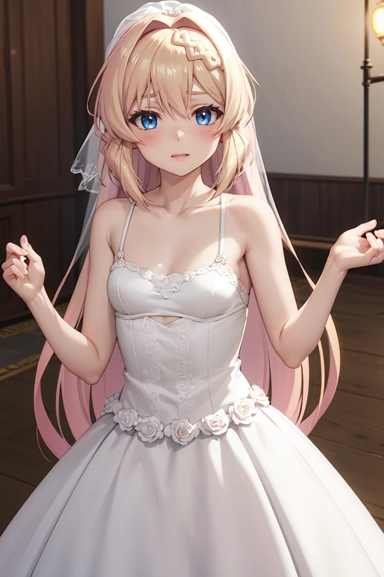 masterpiece, best quality, ultra-detailed, glistening shiny, glowing light, ray tracing, HDR, deph of field, (perfect face, detailed face), <lora:AizawaAzusa:0.7>, aizawaazusa, very long hair, braid, small breasts, blush, wedding dress, standing