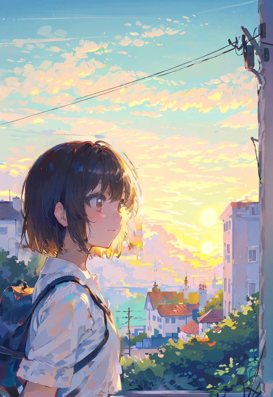 1 girl, solo, outdoors, sky, book bag, clouds, short hair, brown hair, brown eyes, buildings, short sleeves, poles, white shirt, upper body, , wires, trees, , landscape, bangs, sunset, scenery,  (illustration:1.0), masterpiece, best quality,  <lora:Speedpainta:0.76>