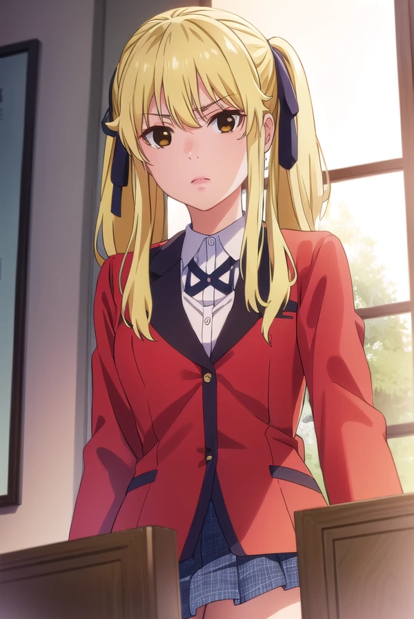 marysaotome, <lora:mary saotome s2-lora-nochekaiser:1>,
mary saotome, long hair, blonde hair, hair between eyes, twintails, (brown eyes:1.3), hair ribbon,
BREAK skirt, shirt, school uniform, jacket, white shirt, pleated skirt, collared shirt, black skirt, blazer, (red jacket:1.5),
BREAK indoors, classroom,
BREAK looking at viewer, (cowboy shot:1.5),
BREAK <lyco:GoodHands-beta2:1>, (masterpiece:1.2), best quality, high resolution, unity 8k wallpaper, (illustration:0.8), (beautiful detailed eyes:1.6), extremely detailed face, perfect lighting, extremely detailed CG, (perfect hands, perfect anatomy),