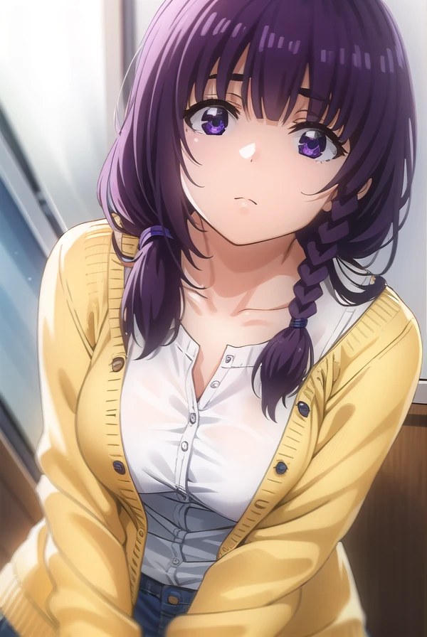 mayumatsukaze, <lora:mayu matsukaze s1-lora-nochekaiser:1>,
mayu matsukaze, long hair, bangs, purple hair, (purple eyes:1.1), braid, single braid, hair over shoulder,
BREAK shirt, pink shirt, collarbone, cleavage, cardigan, yellow cardigan,
BREAK indoors, classroom,
BREAK looking at viewer, (cowboy shot:1.5),
BREAK <lyco:GoodHands-beta2:1>, (masterpiece:1.2), best quality, high resolution, unity 8k wallpaper, (illustration:0.8), (beautiful detailed eyes:1.6), extremely detailed face, perfect lighting, extremely detailed CG, (perfect hands, perfect anatomy),