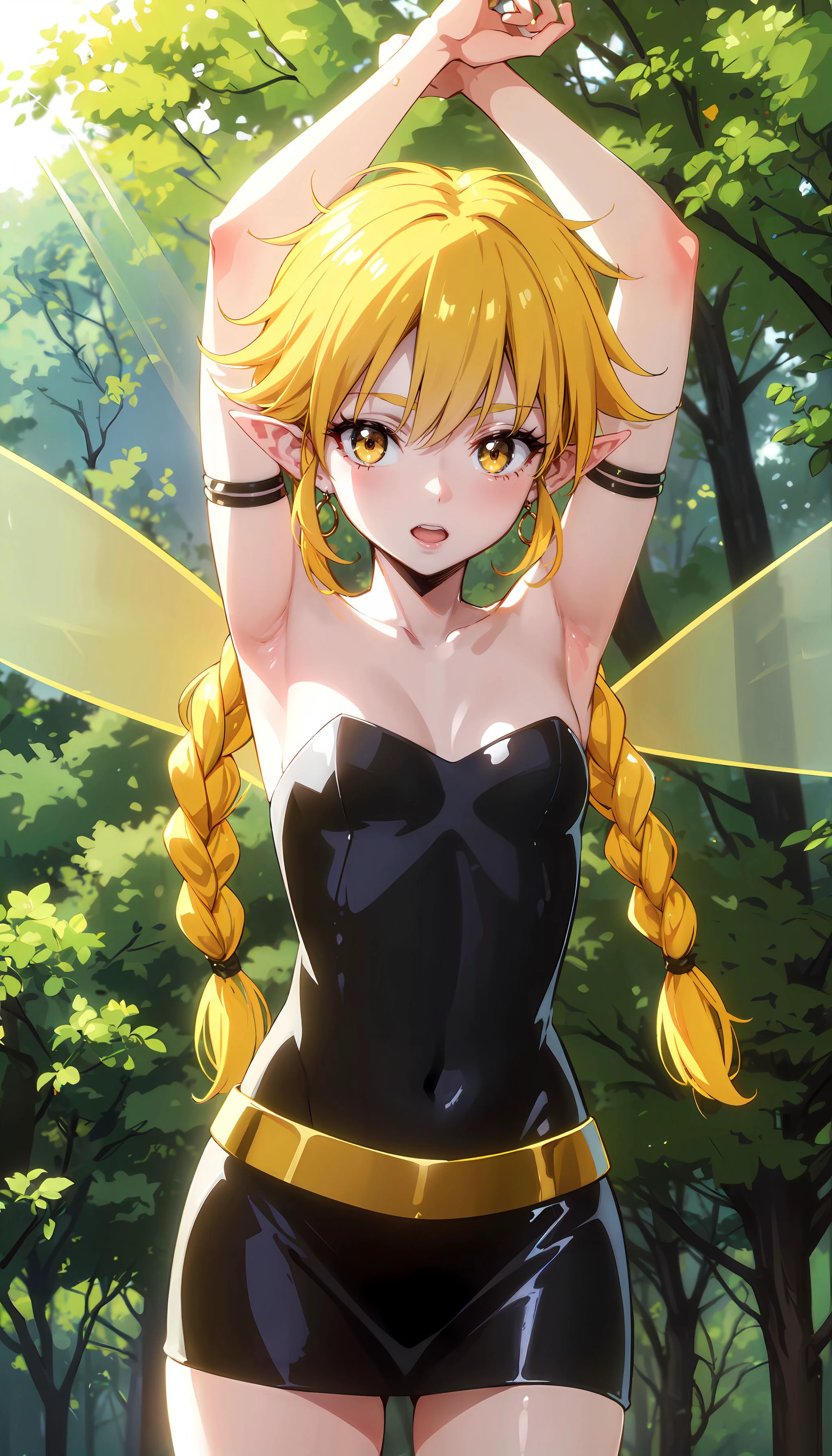 4k), (Masterpiece),), extremely detailed, intricate, hyper detailed, high resolution, sharp detail, best quality, fairy, black dress, strapless dress, blonde hair, twin braids, long braids, gold belt, black armguards, armlets, yellow eyes, (fairy wings), black earrings, (arms up), (forest:1.5), outdoors, vegetation, perfect anatomy, nude, (pussy:1.2), no panties,