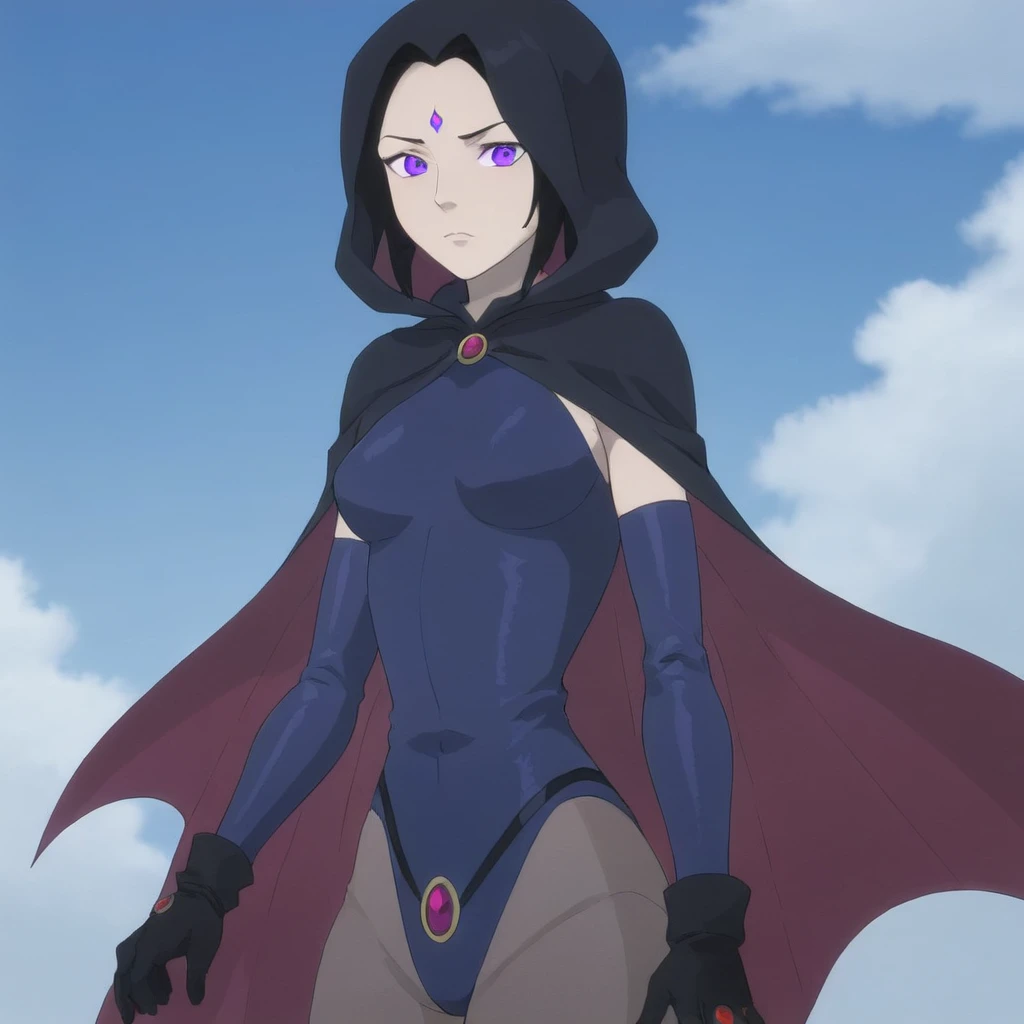 A female superhero named Raven from an animated series, possibly "Teen Titans," stands in the center of the image. Raven is wearing a black hooded cape with purple trim around the edges and additional purple accents on her bodysuit. The outfit features red accents, notably four circular decorations at the upper part and red boots. She has black gloves and her hands are placed on her hips. Her eyes exhibit a blend of purple and blue shades, and she has coordinating lipstick. The background behind her displays a light blue sky, part of which is filled with white clouds, while the other part remains clear. The image does not contain any readable text.., <lora:ravenvs:0.75>