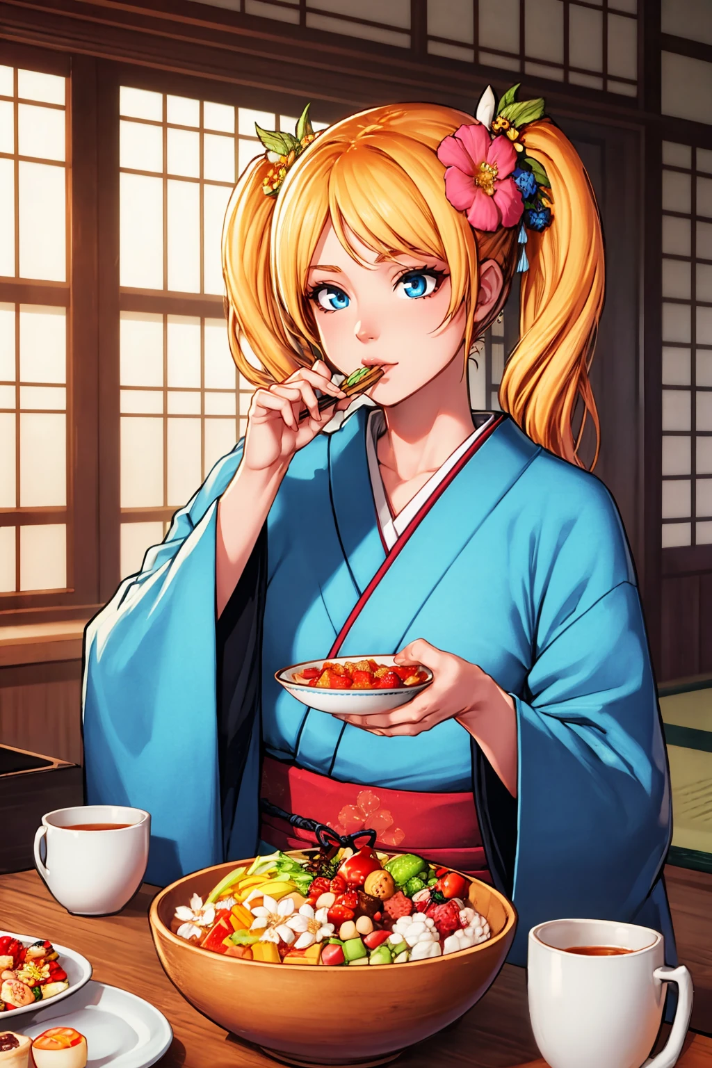 (masterpiece, best quality:1.2), <lora:diabolumberto:1>, diabolumberto, 1girl, blonde hair, food, flower, hair ornament, cat, japanese clothes, twintails, eating, fruit, blue eyes, kimono, solo, hair flower, long hair, chopsticks, sitting, mochi, bowl