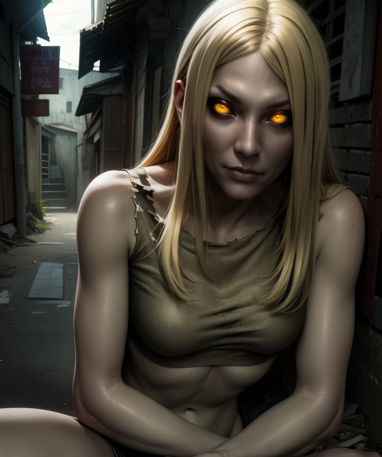 wtchl,long hair,blonde hair yellow eyes,grey skin,
crop top,torn clothes,underwear,looking at viewer,
sitting,upper body,
horror \(theme\),
night,alley,
(insanely detailed, beautiful detailed face,beautiful detailed eyes, masterpiece, best quality),solo,<lora:witchL4d:0.8>,