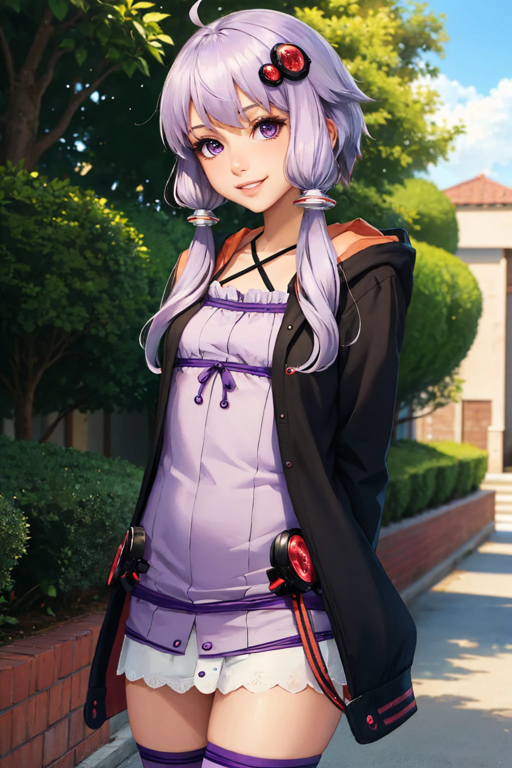 (masterpiece, best quality:1.2), solo, 1girl, yuzuki yukari, grin, looking at viewer, arms behind back, ahoge, hair ornament, hooded jacket, rabbit hood, long sleeves, purple dress, halterneck, purple thighhighs <lora:voiceroid_yukari-10:1>
