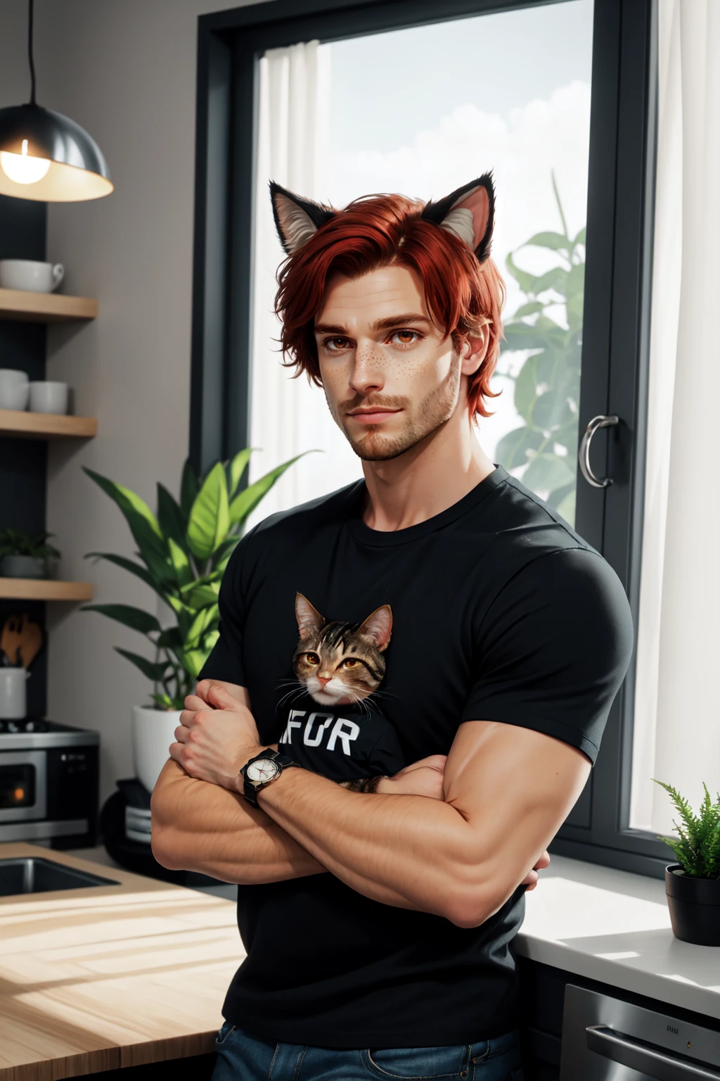 Hellaine Style, solo, mature male, stubble, male focus, red hair, facial hair, red eyes, 1boy, animal ears, upper body, short sleeves, indoors, cat ears, arm hair, beard, freckles, pillow, black shirt, black t-shirt, watch, wristwatch, window, plant, curtains, studio lighting, side lighting, lamp, kitchen, standing against the counter, looking at viewer, <lora:Hellaine:0.5>