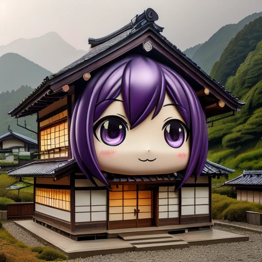 <lora:face_house_v1:0.5>,solo, looking at viewer, outdoors, sky, day, window, parody, building, scenery, lantern, mountain, road, giant, wall, architecture, house, east asian architecture, MTTK, facehouse, cbfh, purple hair, chibi