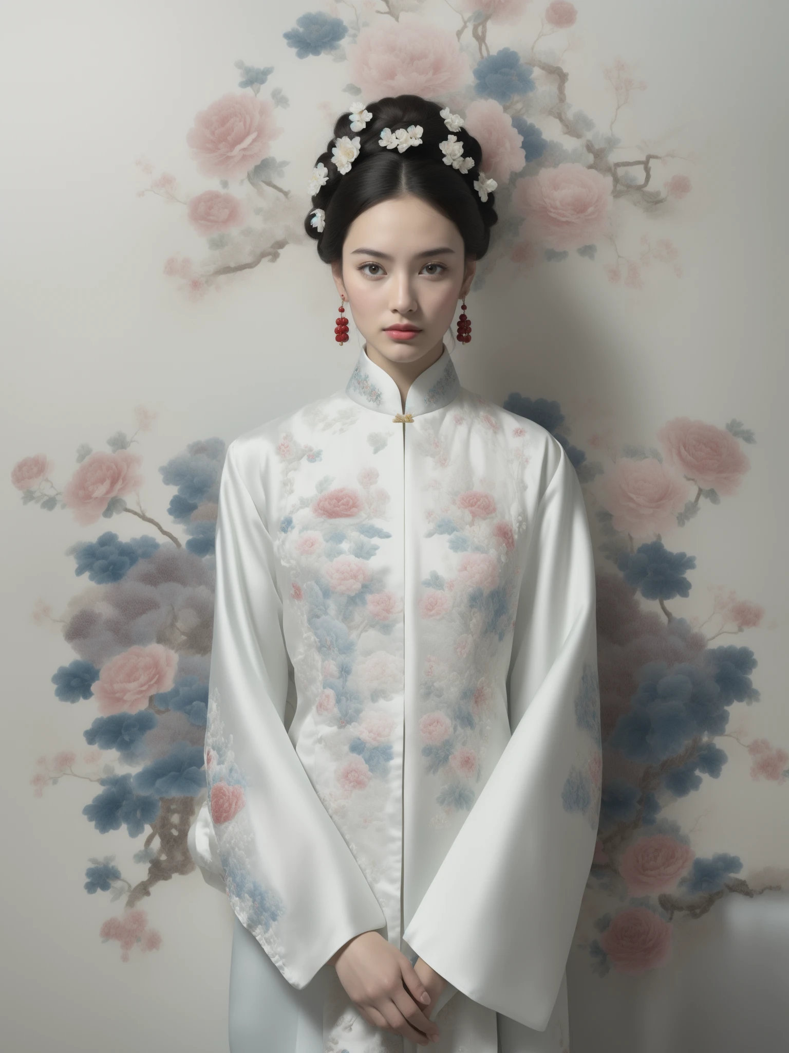 (masterpiece1.2),(best quality:1.2),highres,extremely detailed 8k wallpaper,very clear,realistic,1girl,full body,(soft smile),bare shoulders,solo,jewelry,earrings,realistic,1girl,black hair,chinese clothes,white qipao,looking at viewer,upper body,flower,shirt,peony \(flower\),white shirt,lips,hair ornament,black eyes,DOF,soft light,gongbi color ink style,<lora:epi_noiseoffset2:1>,<lora:white qipao:0.8>,