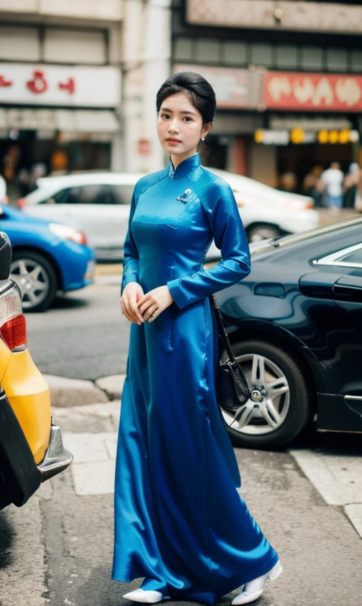 1 girl, standing on the street, ao dai, madam nhu, Saigon, RAW photo, (high detailed skin:1.2), 8k uhd, dslr, soft lighting, high quality, film grain, Fujifilm XT3