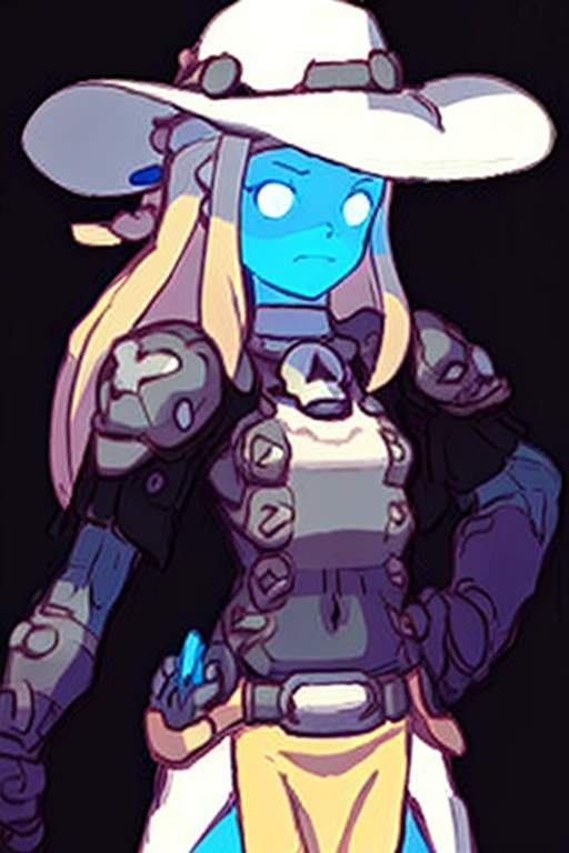 solo, hat, 1girl, skull, long hair, cowboy hat, blonde hair, colored skin, glowing eyes, glowing, armor, detailed background