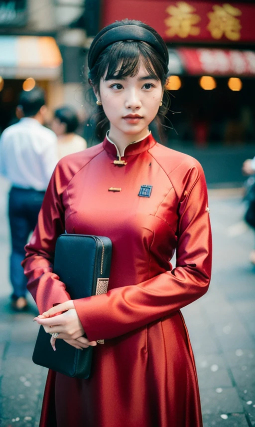 1 girl, standing on the street, ao dai, madam nhu,red color, saigon, RAW photo, (high detailed skin:1.2), 8k uhd, dslr, soft lighting, high quality, film grain, Fujifilm XT3