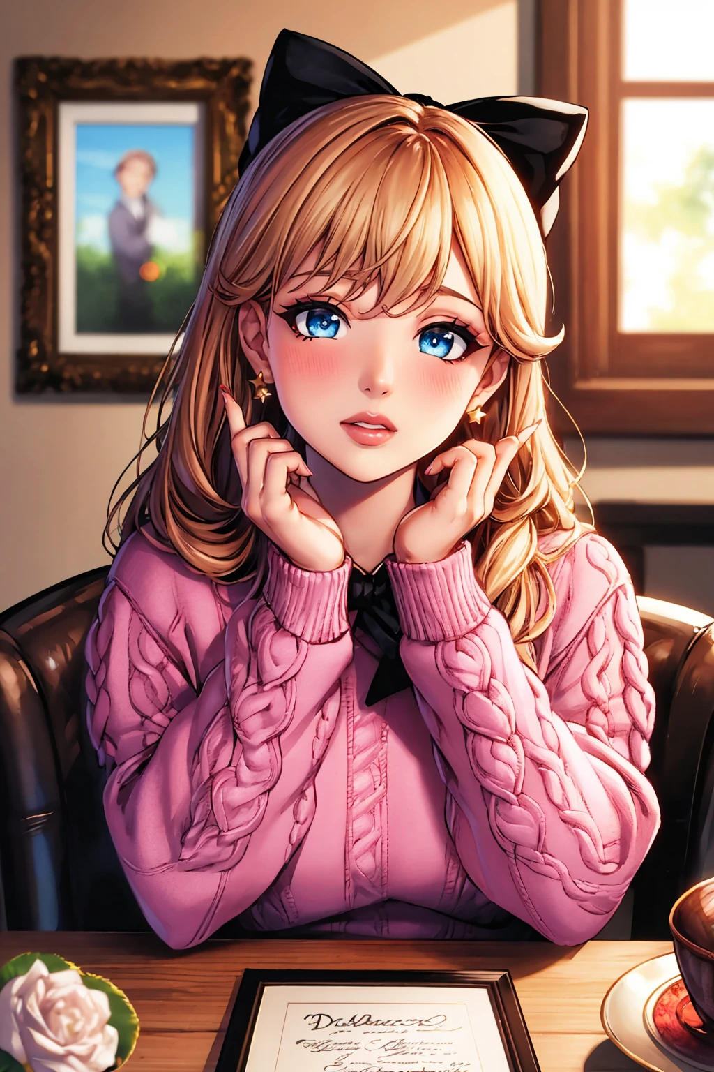 (masterpiece, best quality:1.2),  <lora:diabolumberto:1>, diabolumberto, 1girl, solo, blue eyes, hair bow, blush, bow, long hair, long sleeves, flower, cable knit, sweater, aran sweater, indoors, black bow, sleeves past wrists, bangs, white flower, earrings, jewelry, pink sweater, rose, looking at viewer, blurry, pink flower, depth of field, window, blurry background, picture frame, white rose, puffy long sleeves, parted lips, pink rose, day, table, star \(symbol\), upper body, puffy sleeves, fingernails