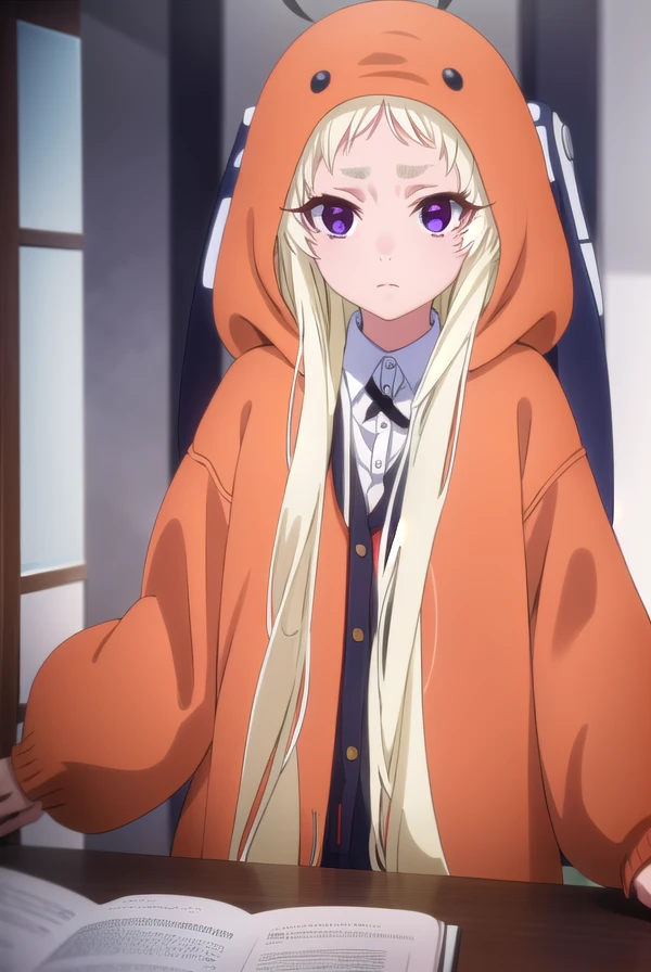 runayomozuki, <lora:runa yomozuki s2-lora-nochekaiser:1>,
runa yomozuki, long hair, blonde hair, (purple eyes:1.1),
BREAK shirt, white shirt, collared shirt, hood, cosplay, hood up, animal hood,
BREAK indoors, classroom,
BREAK looking at viewer, (cowboy shot:1.5),
BREAK <lyco:GoodHands-beta2:1>, (masterpiece:1.2), best quality, high resolution, unity 8k wallpaper, (illustration:0.8), (beautiful detailed eyes:1.6), extremely detailed face, perfect lighting, extremely detailed CG, (perfect hands, perfect anatomy),