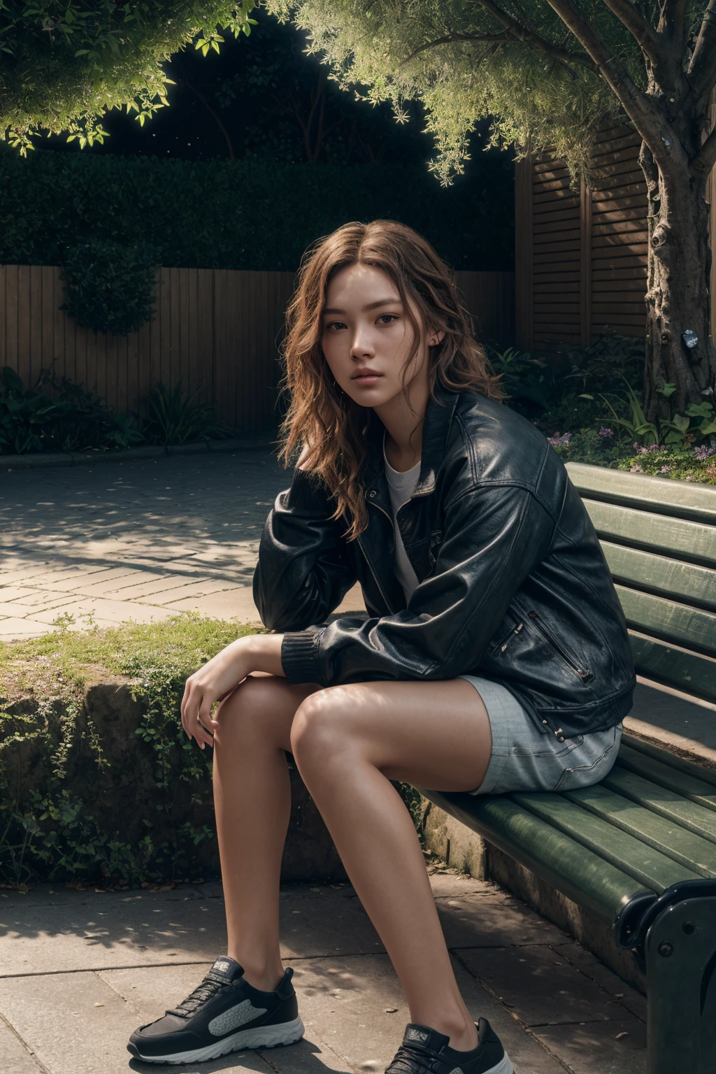 photorealistic highly detailed 8k photography, best street shot quality, volumetric lighting, plain clean earthy young woman, casual street wear, Sitting on a Park Bench, Looking Sideways, realistic skin and hair texture, Unconventional Underwater Angles, Secret Garden Pathways in Moonlight full of busy people