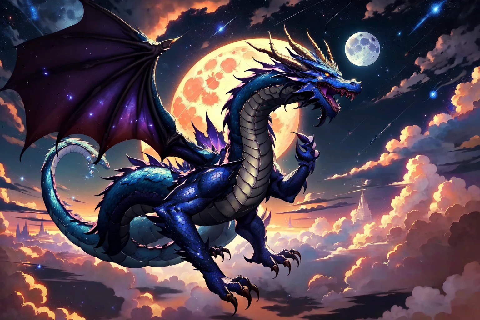 DragConcept, no humans, solo, glistening scales, western dragon, horns, dragon wings, open mouth, outdoors, sky, cloud, night, moon, cloudy sky, star , (sky), night sky, full moon, starry sky, flying, bubble, <lora:Dragons:0.5>