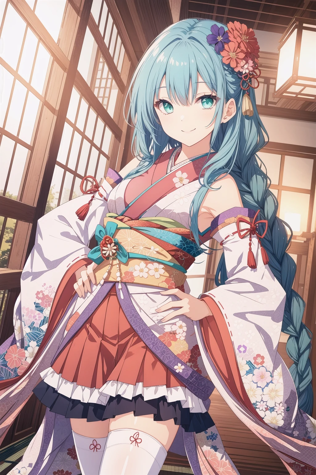 pixai, intricate details, highres, best quality, HDR,
dynamic pose,
<lora:add_detail:0.1> ,<lora:outline:-0.1>,
indoor,
cowboy shot,
smile,
(Leaning back with hands on the hips),
(hand on own chest:1.2),
BREAK,
single braid hair,
purple color hair,
turquoise green color eyes,
(medium breasts:1.1),
<lora:cute_kimono_N_V1_1-000010:0.7>,
frills, japanese clothes, hair flower,wide sleeves, kimono, white thighhighs, zettai ryouiki, floral print, skirt,detached sleeves,