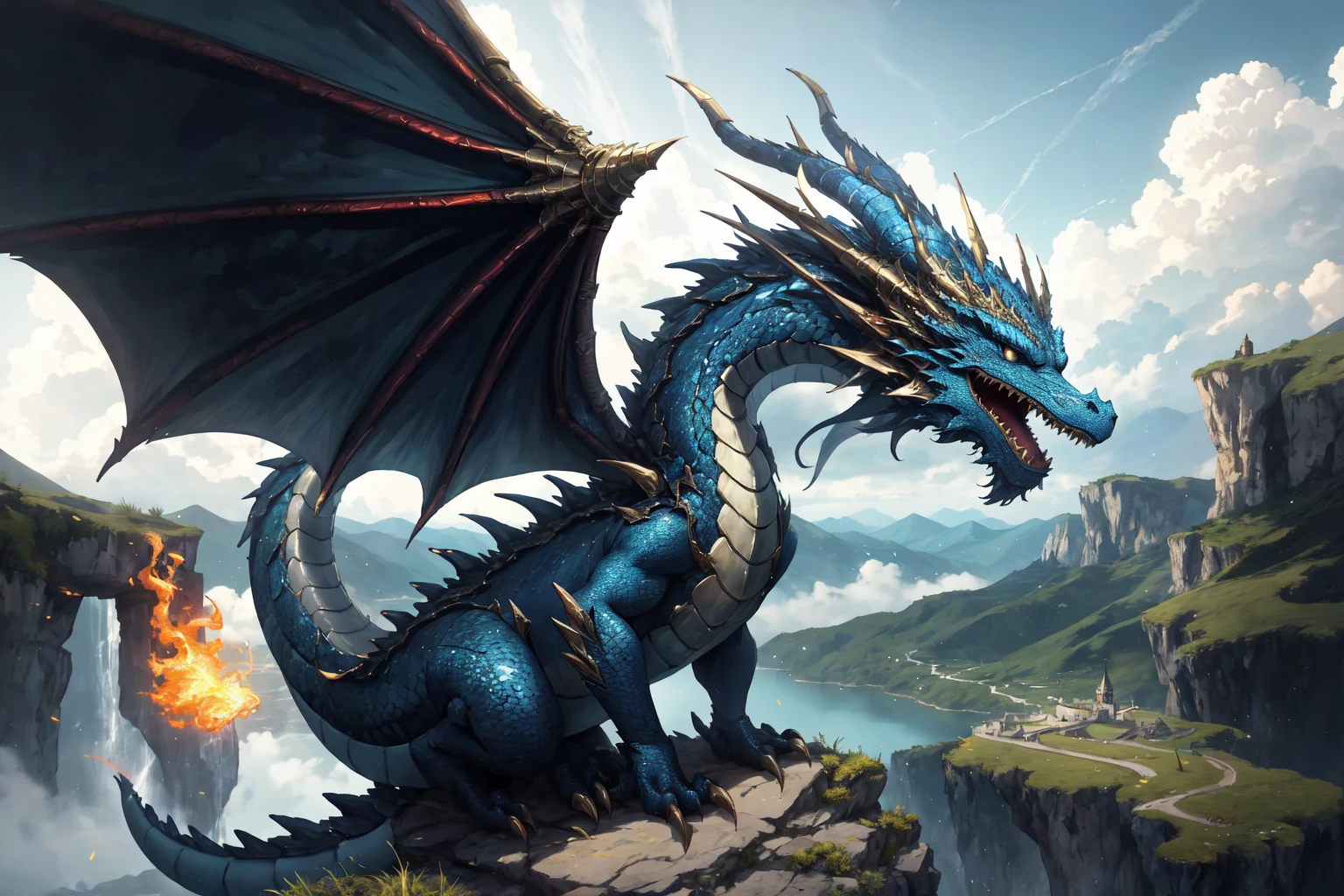 <lora:Dragons:0.5> Western Fantasy Dragon, No humans, blue, black scales, glistening scales, perched on a hilltop, breathing fire,