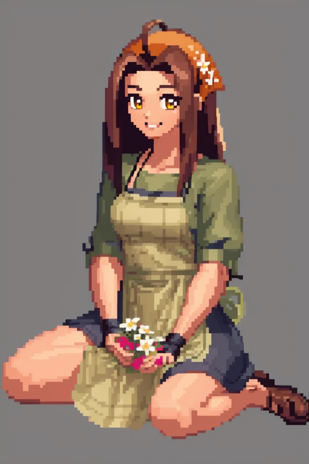 masterpiece, best quality, solo, 1girl, smile, looking at viewer, <lora:SNK-Kof_sprites_Fp:0.8>, simple background, full body, <lora:Celia_Fp:1>, celiahm, dress, apron, bandana, green shirt, sitting, (holding flower),