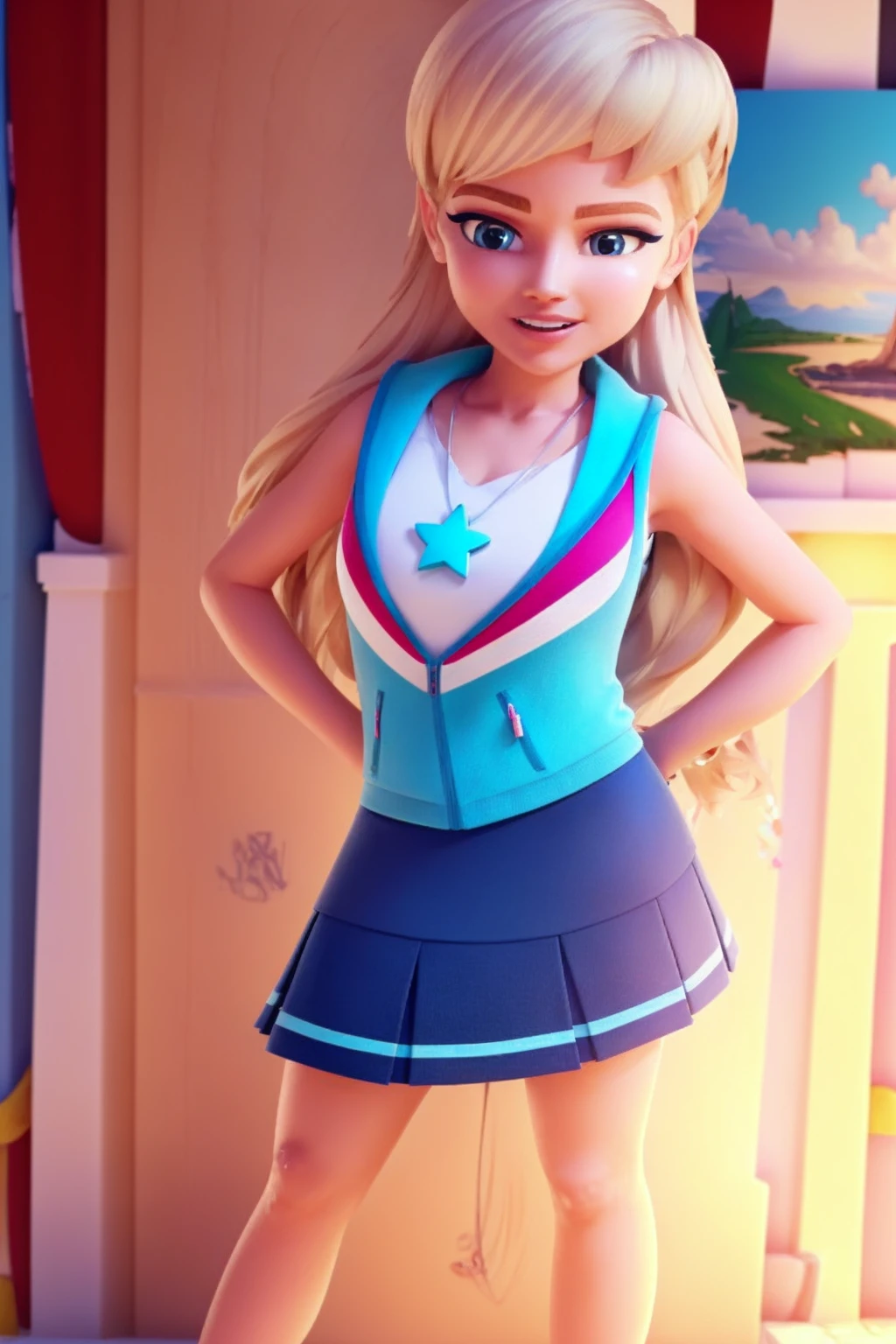 1girl, full body shot, dutch angle
(4k, 8k:1.3), (masterpiece:1.5), (best quality:1.5), realistic, detailed face, looking at viewer, makeup, blush, eyeshadow, fair skin, lips, nose, teeth
 <lora:stphnlf_v1:0.9> stphnlf, blonde hair, long hair, blue eyes, jewelry, necklace, sleeveless, star (symbol), bracelet, pleated skirt