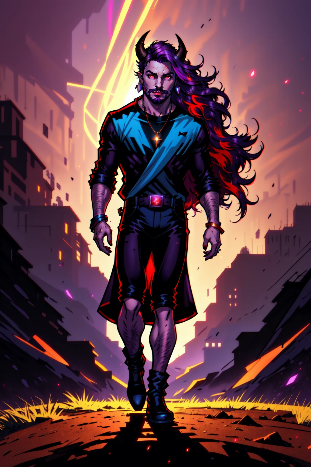 Hellaine Style, solo, red eyes, 1boy, horns , glowing eyes, jewelry, closed mouth, purple hair, blue hair, male focus, red hair, earrings, glowing, outdoors, streaked hair, facial hair, piercing, ear piercing, beard, mustache, LUT like a movie, 4 point perspective, vantage point, side lighting, full body  <lora:Hellaine:0.4>