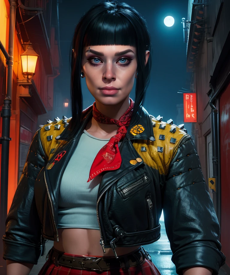 switchb,piercings,blue eyes,make-up,bangs,black hair,sidelocks,
earrings,fingerless gloves,black jacket,belt,white crop top,red skirt,neckerchief,navel,
standing,upper body,
alley,night,science fiction,
(insanely detailed, beautiful detailed face,beautiful detailed eyes, masterpiece, best quality),solo,<lora:switch:0.8>,