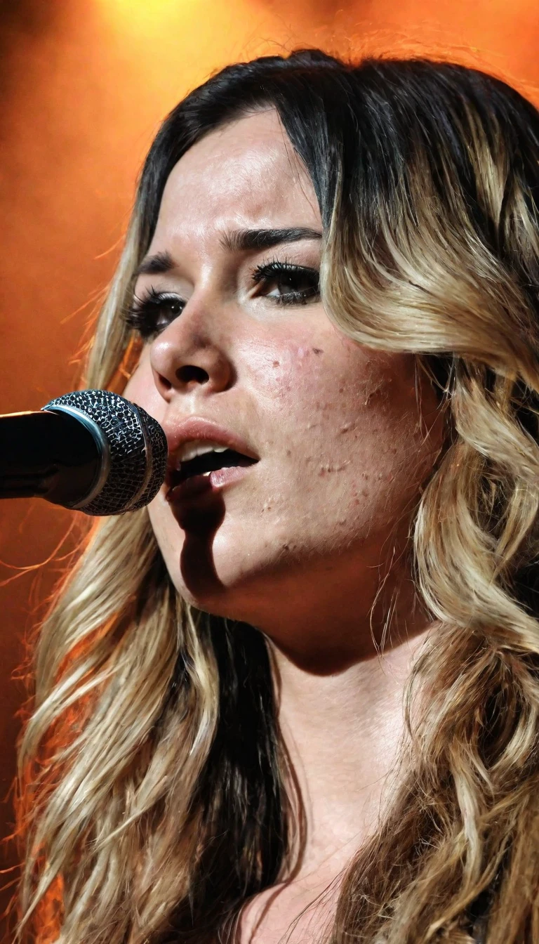 upperbody portrait photograph of a 27 year old female country singer performing on stage, she has acne and blemishes on face, (imperfect:1.1), long hair, ultra detailed skin, ultra detail face, hd, photo by ingrid baars
