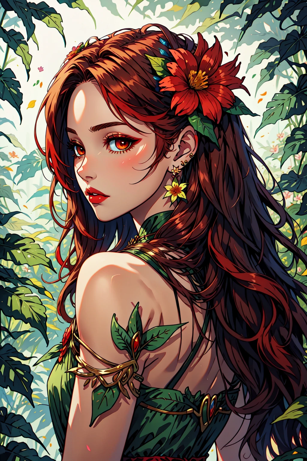 FeoDusk, 1girl, solo, long hair, brown hair, hair ornament, bare shoulders, jewelry, flower, red hair, earrings, looking back, hair flower, lips, leaf, head wings, <lora:FaeConceptV2:0.6>