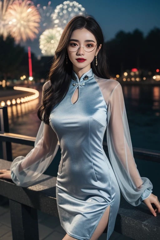 ltra-detailed,highly detailed,best quality,masterpiece,illustration,realistic,photorealistic,
whqp, qipao, solo, 1girl,
light blue dress,blue sleeves, crossdressing,
chinese clothes, china dress, see-through sleeves, long sleeves, cleavage cutout, pantyhose, round eyewear, side slit,
long hair, bangs,
looking at viewer,cowboy shot,
outdoors, city,night,city lights, park, aerial fireworks, firework background,
<lora:whqp qipao_v1_03:0.7>