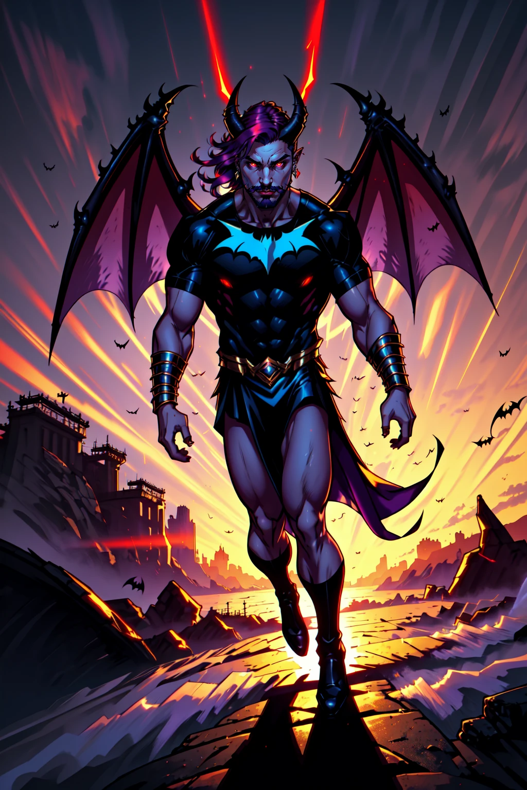 Hellaine Style, solo, red eyes, 1boy, horns dark skin, dark-skinned male demonic, glowing eyes, jewelry, closed mouth, purple hair, blue hair, male focus, red hair, earrings, glowing, demon wings, bat wings, streaked hair, facial hair, piercing, ear piercing, beard, mustache, LUT like a movie, 4 point perspective, vantage point, side lighting, extremely detailed, extreme light and shadow, masterpiece, full body, ancient greek, island theme, dusk, magic, outdoors,, <lora:Hellaine:0.4>