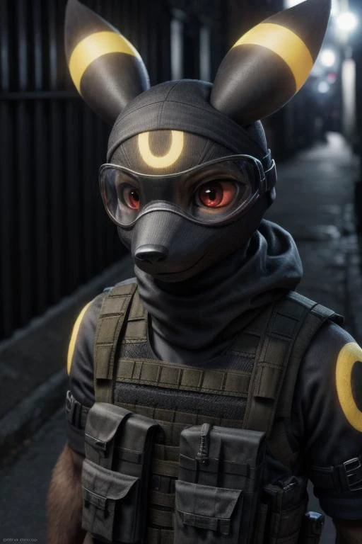 ASCIIreal e621, photorealistic, masterpiece, high-angle portrait, furred umbreon_(pokemon), furred umbreon_(pokemon) red eyes, wearing gloves and yellow uniform with PASGT bulletproof vest with yellow stripes and full-face yellow ski mask with glass visor and reflective armband, nighttime, in alleyway,
