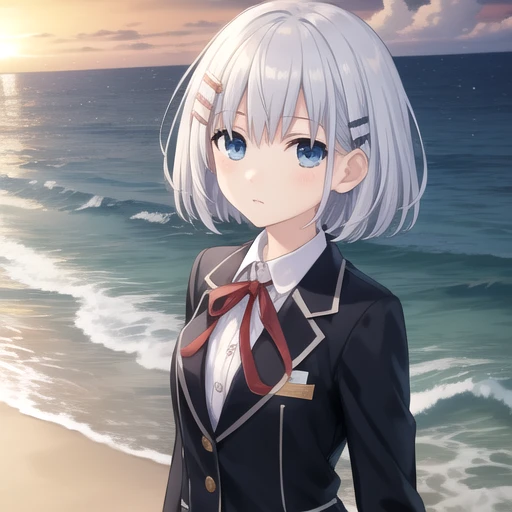 ((masterpiece)),(best quality),official art,extremely detailed CG,unity 8k wallpaper,ultra detailed,A lighthouse on a cliff by the sea,1girl,solo,upper body,(portrait:1.2),looking at viewer,tobiichi origami,aqua hair,white shirt,black jacket,blue eyes,deadpan,pleated skirt,school uniform,short hair,blue skirt,hairclip,red ribbon,white socks,loafers,<lora:Tobiichi Origami(dal)>,<lora:TSNeptunia-000045:0.5>,
