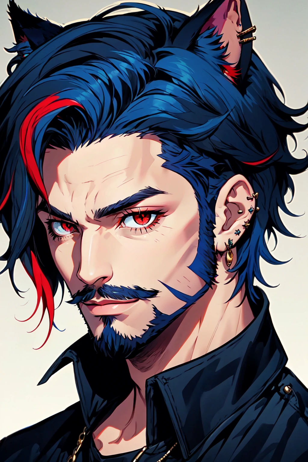 Hellaine Style, solo, looking at viewer, red eyes, 1boy, animal ears, jewelry, closed mouth, blue hair, male focus, red hair, earrings, cat ears, streaked hair, facial hair, piercing, ear piercing, portrait, beard, mustache, <lora:Hellaine:0.5>