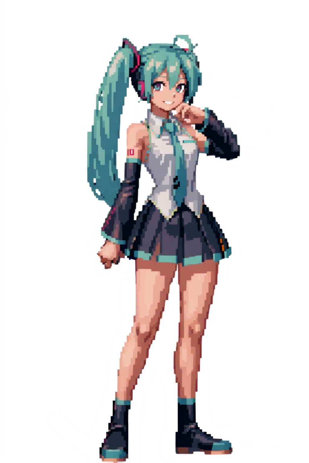 masterpiece, best quality, solo, 1girl, smile, looking at viewer, <lora:SNK-Kof_sprites_Fp:0.8>, simple background, full body, standing, hatsune miku, white background,