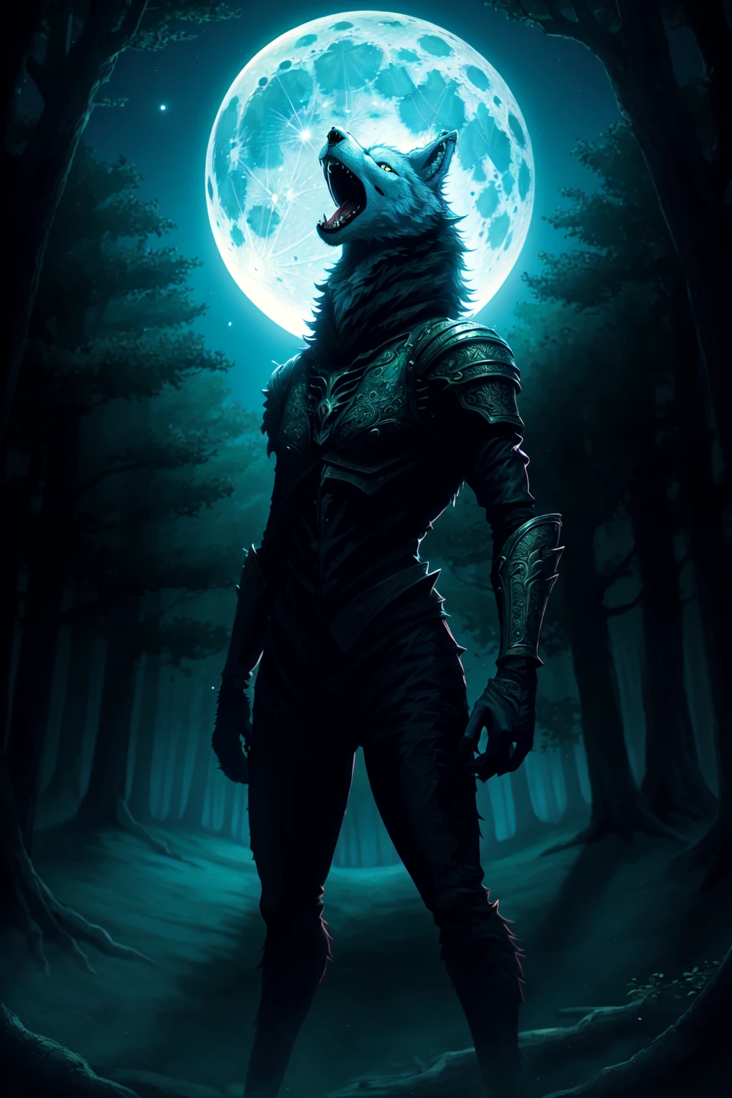 Were-Wolves, werewolf, solo, 1boy, furry, wolf, standing, outdoors, sky, teeth, tree, no humans, night, moon, howling, nature, night sky,  full moon, forest, <lora:Werewolves:0.9>