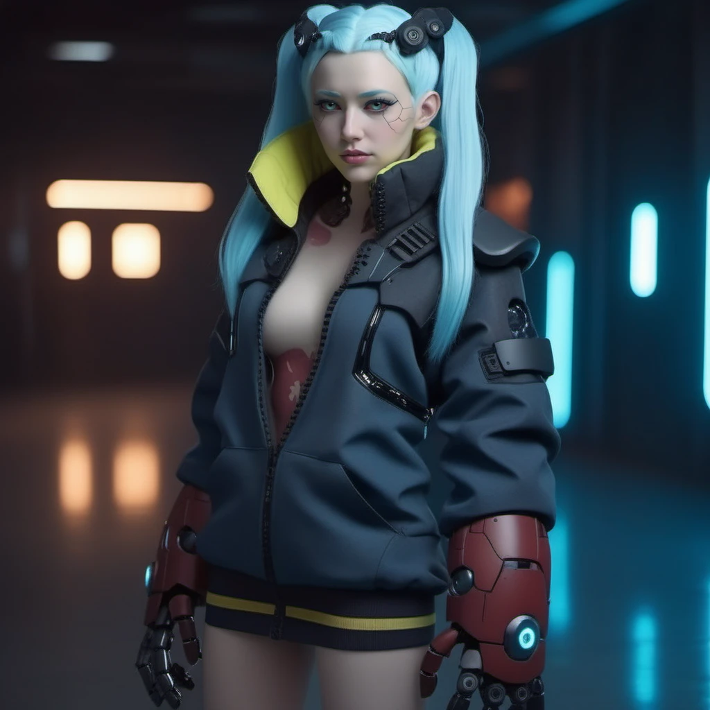 a woman with light blue skin, ligh blue hair, long pigtails, wear a jacket, robotic big hands, cyberpunk background, highly detailed, photography, ultra sharp, film, bokeh, professional, 64k <lora:Rebecca1024:0.8>