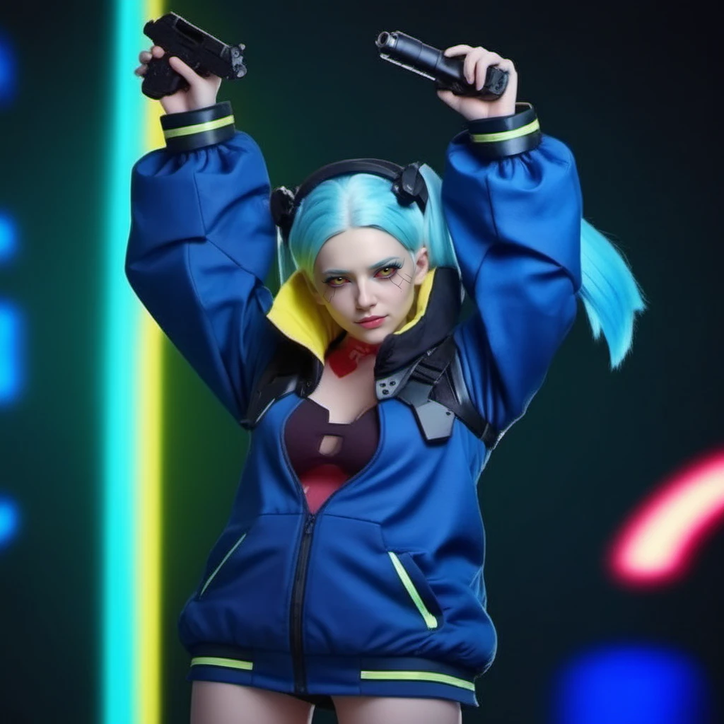 a woman with light blue skin, ligh blue hair, long pigtails,  wears a jacket, headphones, holding guns, cyberpunk background, highly detailed, photography, ultra sharp, film, bokeh, professional, 64k <lora:Rebecca1024:0.8>